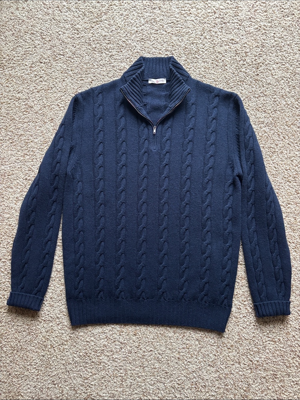*Luxury* Luciano Barbera Men’s Navy 1/4 Zip Cable Knit Sweater Eu 56 L Slim XL